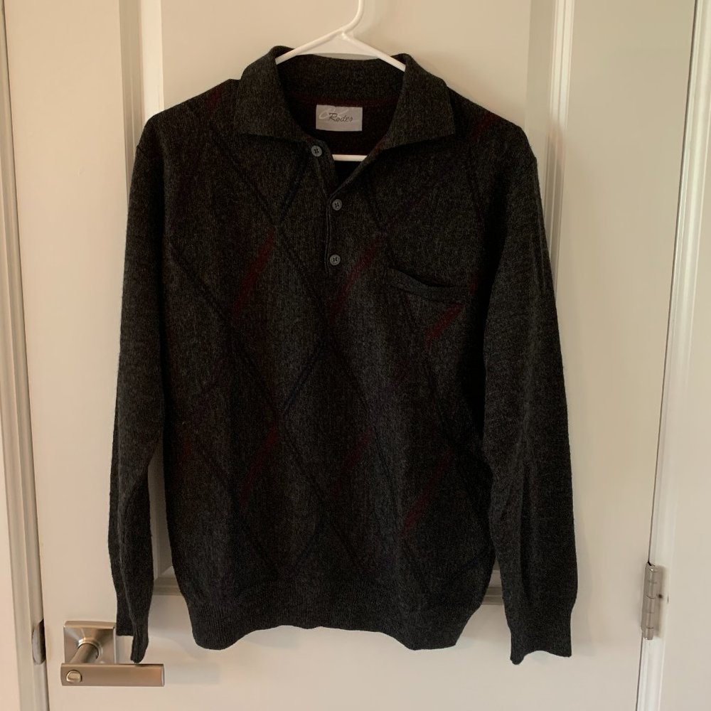 Mens Patterned Knit Polo Charcoal/Red/Blue size M
